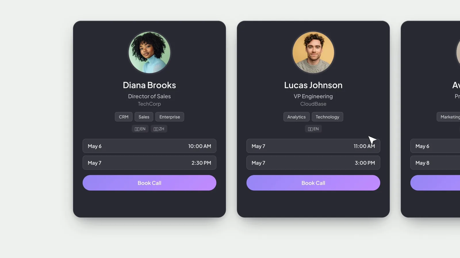 Three customer cards side by side — Diana Brooks, Director of Sales, and Lucas Johnson, VP Engineering — each showing real open times and a Book Call button